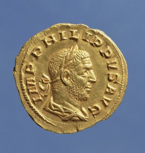 Aureus (voorzijde) van Philip de Arabier, gedrapeerd, gepantserd, met een lauwerkrans. Opschrift: IMP PHILIPPVS AVG door Roman